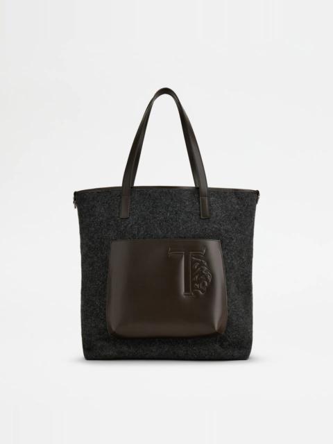 Tod's SHOPPING BAG IN FELT AND LEATHER MEDIUM - GREY, BROWN