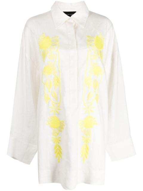 CYNTHIA ROWLEY floral-embroidered hemp shirt minidress