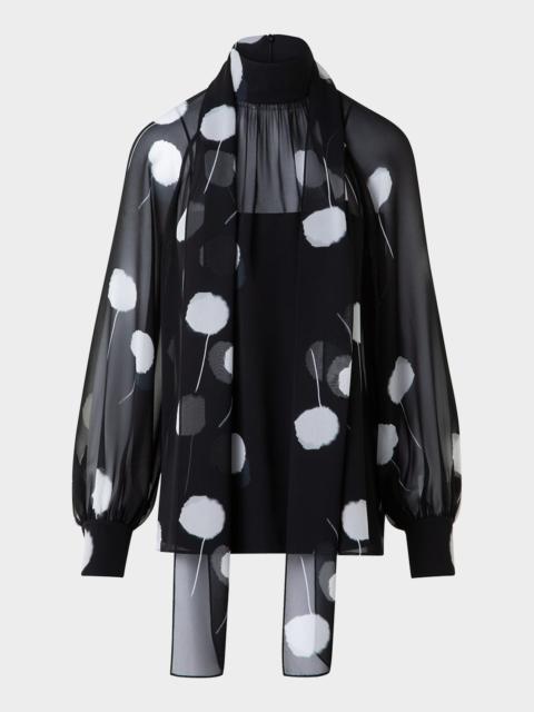 AKRIS Windflower Print Neck-Tie Silk Georgette Blouse