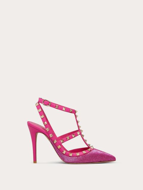 Valentino SATIN ROCKSTUD PUMP WITH ALL-OVER TUBES EMBROIDERY AND STRAPS 100MM