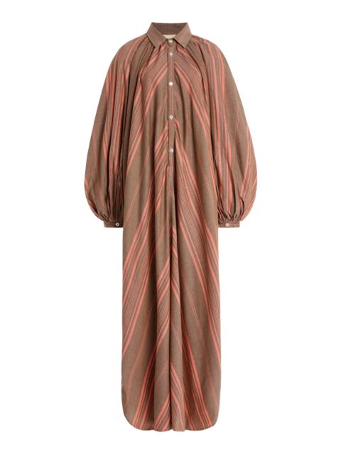 MARRAKSHI LIFE The Touareg Balloon-Sleeve Striped Cotton Dress brown