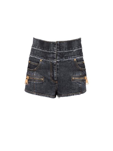 Balmain High-waisted faded denim mini-shorts