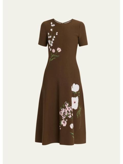 Oscar de la Renta Short-Sleeve Multi Floral Knit Midi Dress
