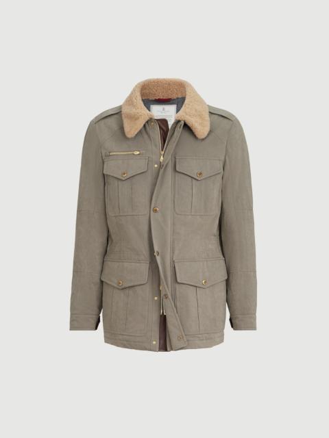 Brunello Cucinelli Waxed techno cotton safari jacket with Thermore® padding, nappa leather inserts and shearling collar