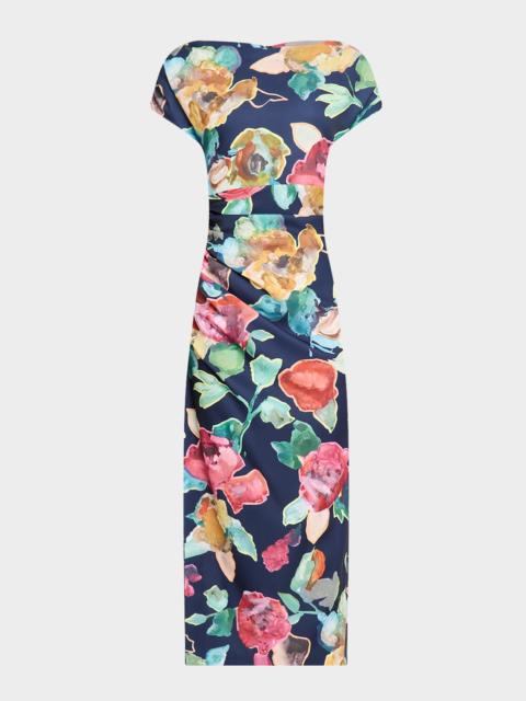 LELA ROSE Floral Print Ruched Crepe Midi Dress