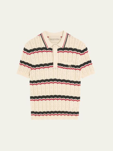 Valentino Men's Stripe Cotton Eyelet VLogo-Pocket Polo Shirt