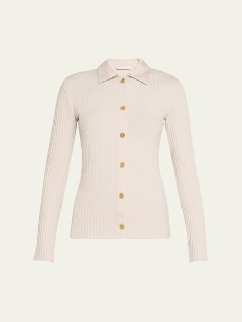 Ribbed Long-Sleeve Button-Front Polo Shirt