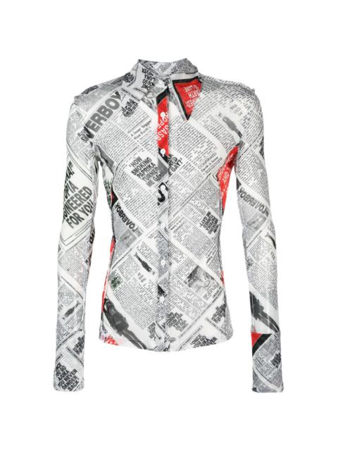 CHARLES JEFFREY LOVERBOY newspaper-print semi-sheer shirt