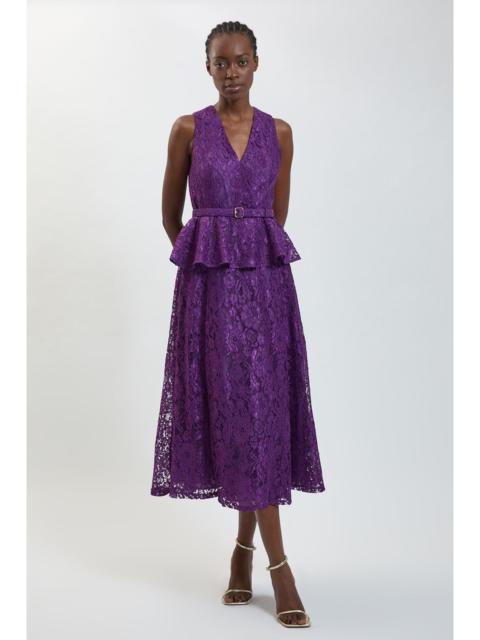 KAREN MILLEN Peplum Detail Belted Lace Midi Dress