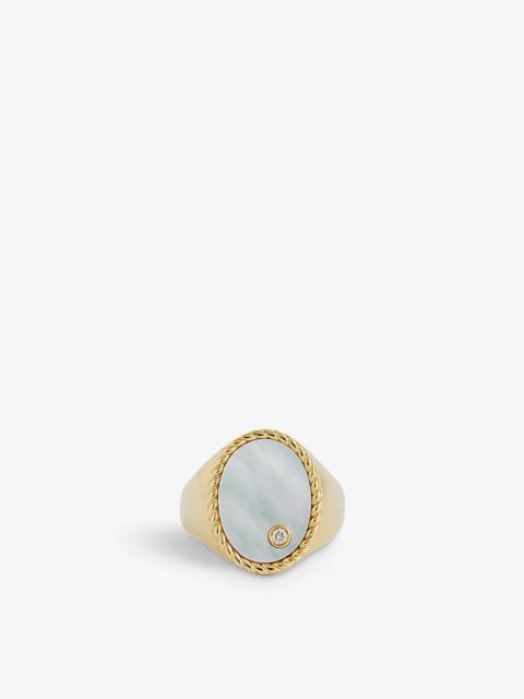 Yvonne Léon Oval 9ct yellow gold, 0.015ct diamond and mother-of-pearl signet ring