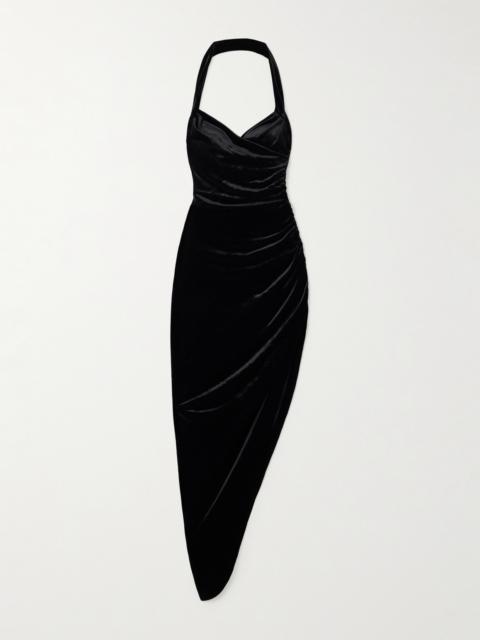 NORMA KAMALI Cayla Asymmetric Ruched Velvet Halterneck Gown