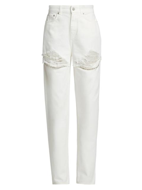 AREA Women's Crystal Fray Slit Jeans - White