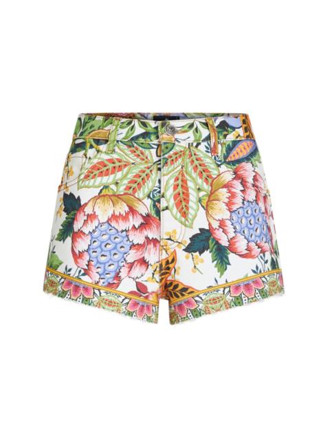 Bouquet-print denim shorts