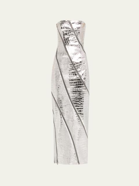 Strapless Metallic Croc Leather Zipper Gown