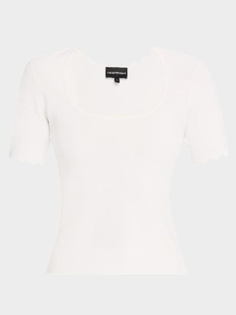 EMPORIO ARMANI Scalloped Scoop-Neck Stretch Milano Blouse
