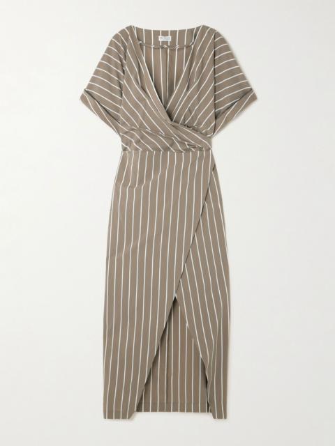 Brunello Cucinelli Striped cotton-blend poplin wrap midi dress Brown