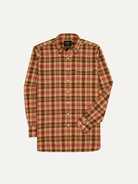 Drake's Red and Brown Madras Check Cotton Button-Down Shirt