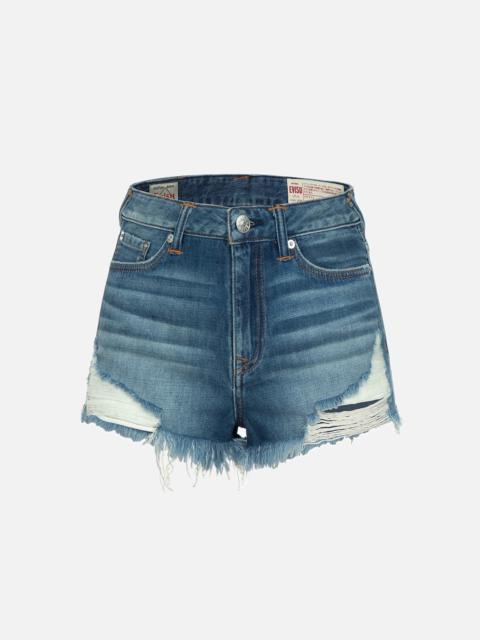 EVISU GRAFFITI DARUMA DAICOCK PRINT DENIM SHORTS