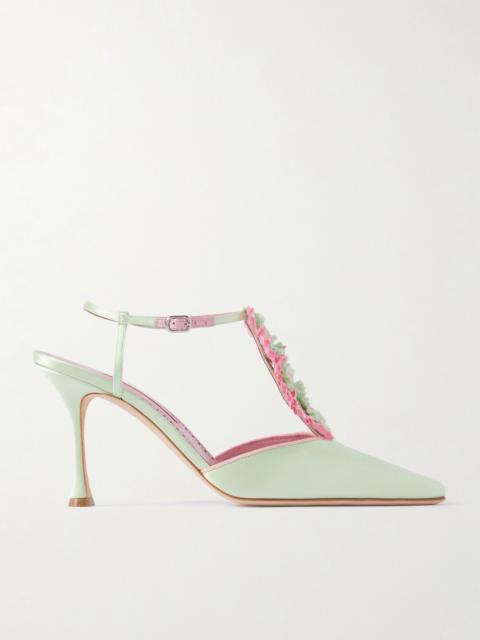 Manolo Blahnik Hebes 90 appliquéd satin Mary Jane pumps Mint