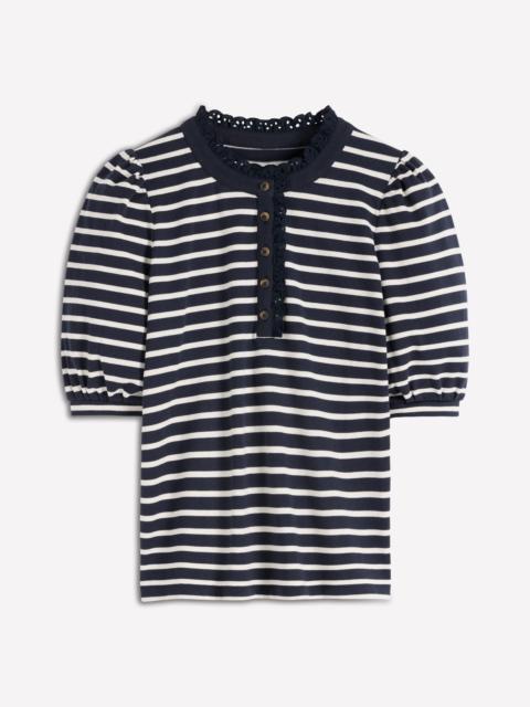 BODEN Puff Sleeve Henley-Navy, Ivory Stripe