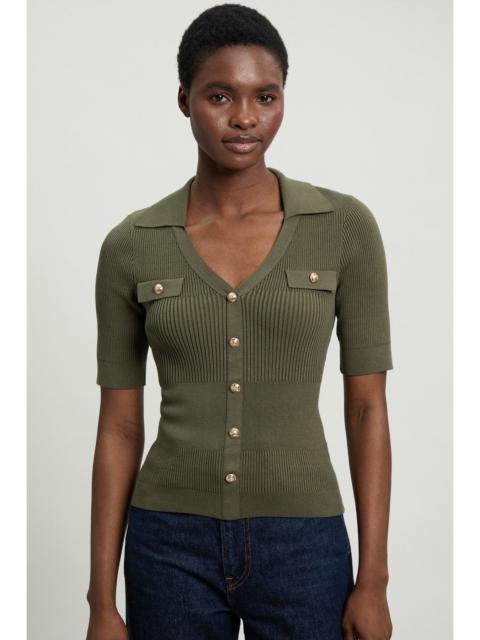 KAREN MILLEN Military Trim Rib Knit Short Sleeve Collared Top