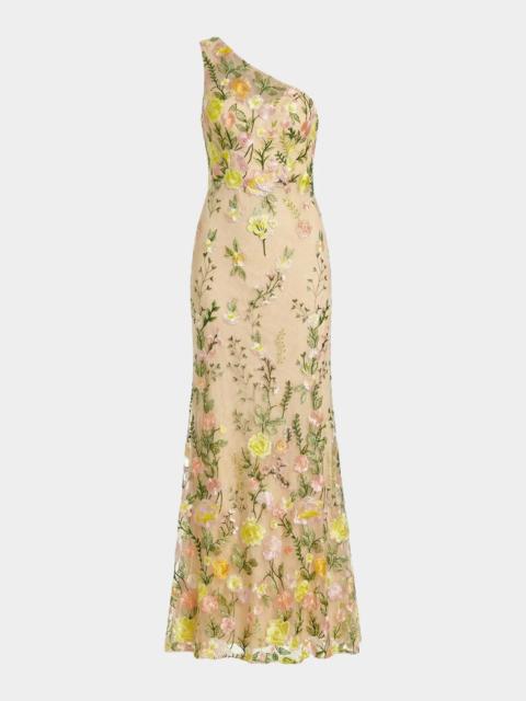 MAC DUGGAL Petite One-Shoulder Floral-Embroidered Mermaid Gown