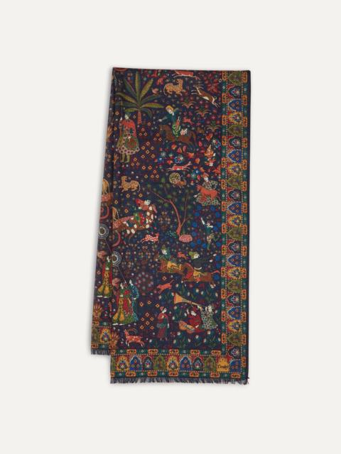 Drake's Navy Mughal Hunter Print Wool-Silk Scarf