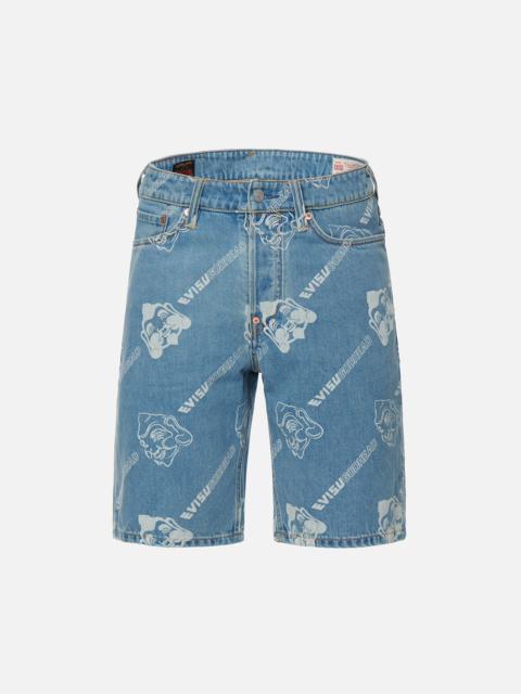 EVISU ALLOVER GODHEAD DISCHARGE PRINT DENIM SHORTS