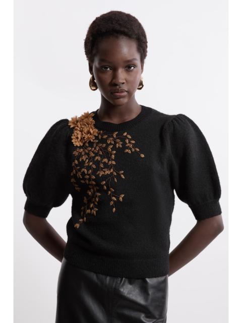 KAREN MILLEN Flower And Beaded Puff Sleeve Knit Tee