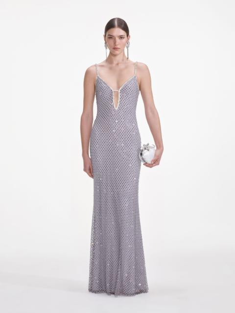 self-portrait Grey Square Rhinestone Fishnet Maxi Dress