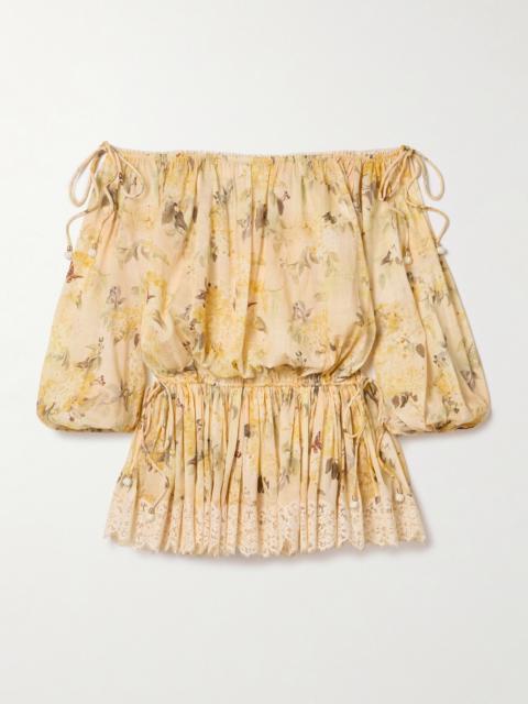 Zimmermann Cascadian Off-the-shoulder Lace-trimmed Printed Cotton-voile Mini Dress