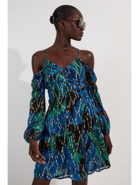 KAREN MILLEN Viscose Metallic Palm Print Cold Shoulder Mini Dress