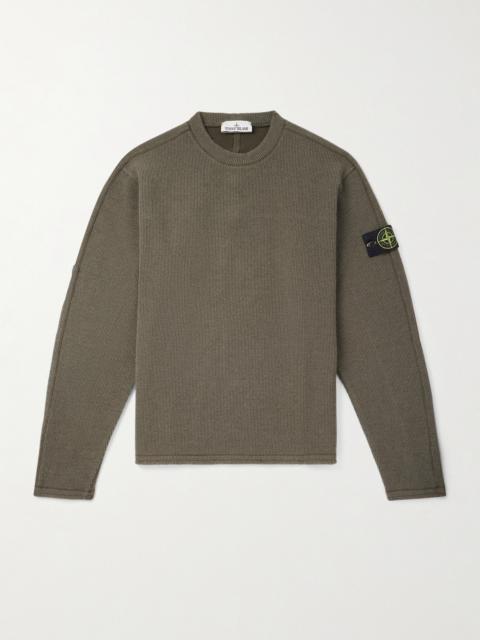 Stone Island Logo-Appliquéd Grosgrain-Trimmed Garment-Dyed Ribbed Wool-Blend Sweatshirt