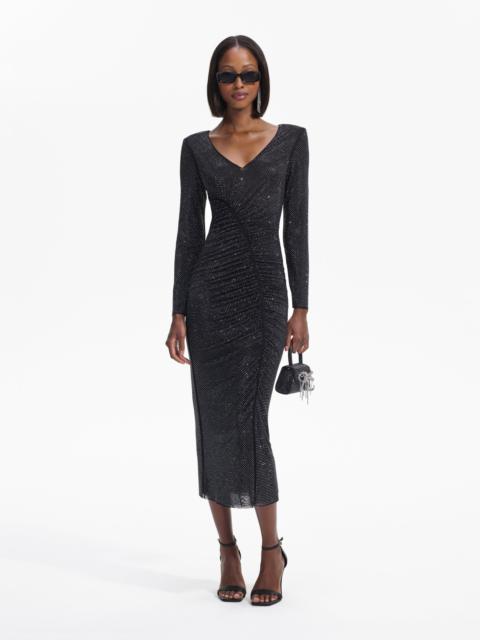 Black Rhinestone Gathered Midi Dress