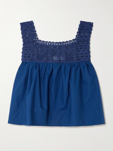 CALLE DEL MAR Heirloom Crochet-trimmed Gathered Cotton-poplin Top