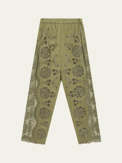 Sea Gardener Embroidered Lace-Panel Pants