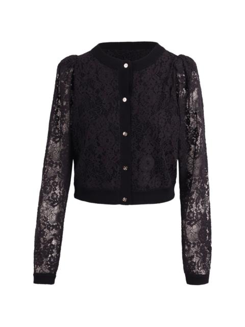 Alice + Olivia lace-overlay puff-sleeve cardigan