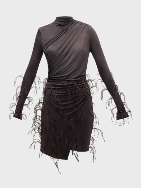 Feather-Trim Long-Sleeve Draped Jersey Mini Dress