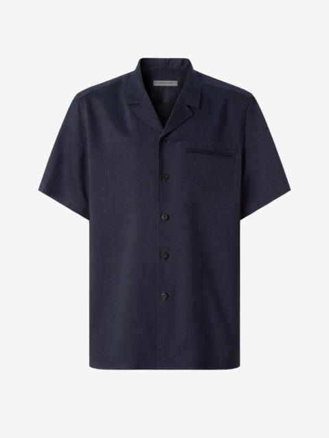 CORNELIANI Short-sleeved navy blue linen, wool and mohair shirt