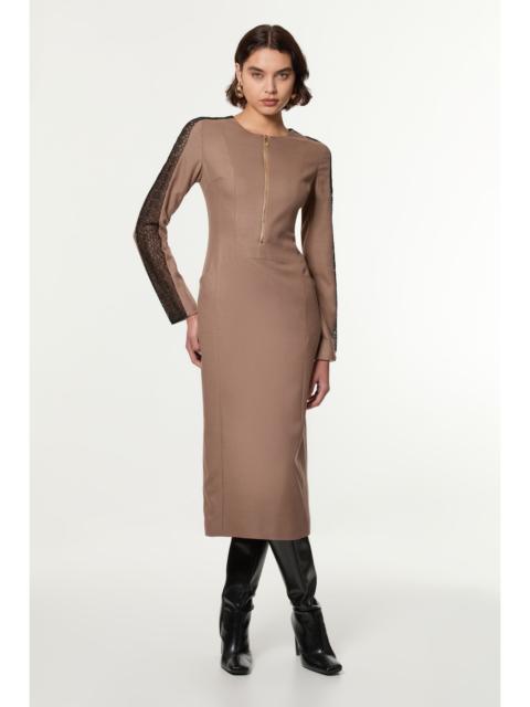 KAREN MILLEN Petite Tailored Twill Lace Mix Zip Front Midi Dress