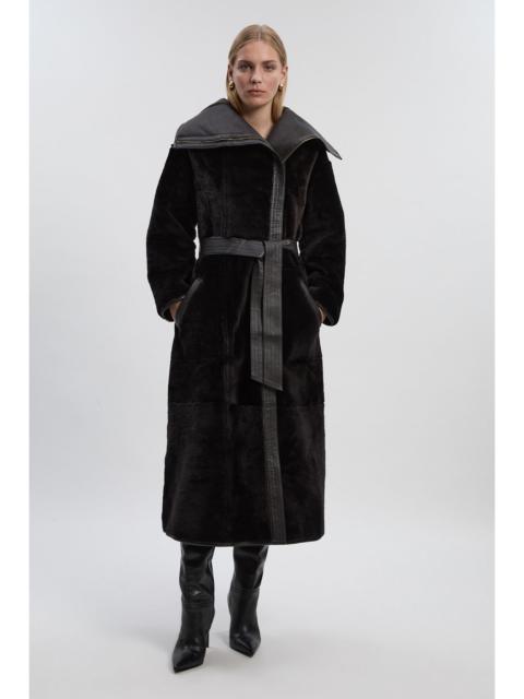 KAREN MILLEN Reversible Shearling & Leather High Collar Maxi Coat