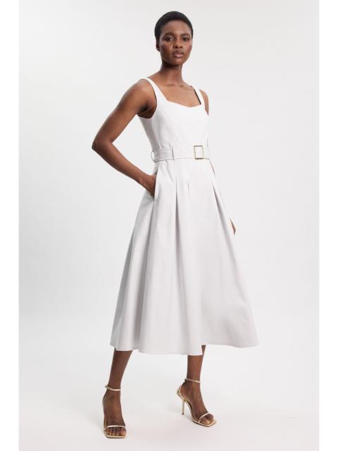 KAREN MILLEN Premium Cotton Tailored Fabric Belted Buckle Midi Dress