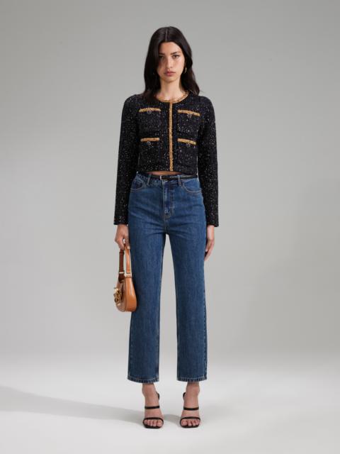 self-portrait Black Sequin Knit Crop Cardigan