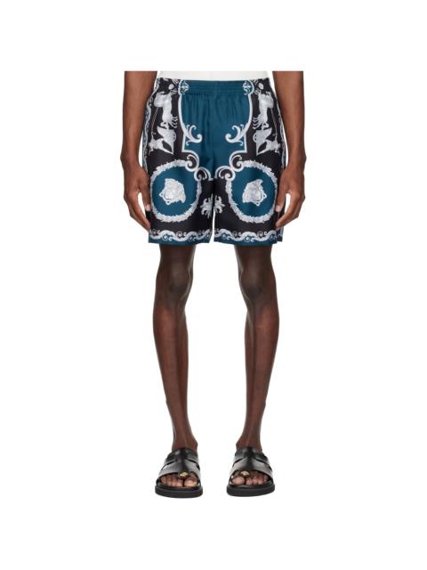 VERSACE Black & Navy Printed Silk Twill Slim Shorts