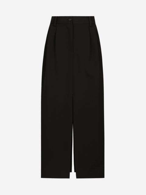 Wool gabardine calf-length tuxedo pencil skirt