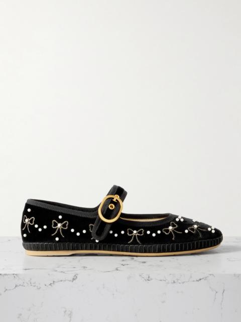 Valentino Endouce Embellished Grosgrain-trimmed Velvet Mary Jane Ballet Flats