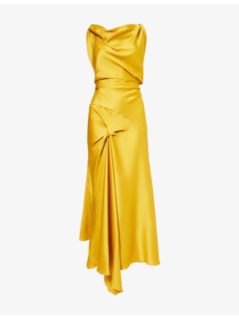 Victoria Beckham Posy Twisted-Shoulder Satin Midi Dress
