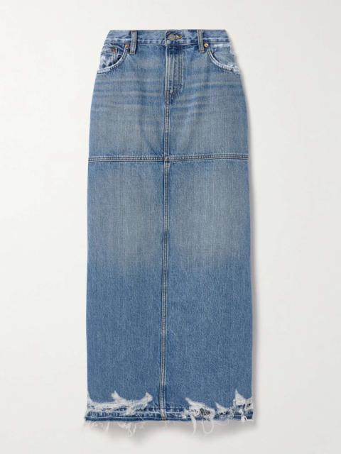 Frayed paneled denim maxi skirt