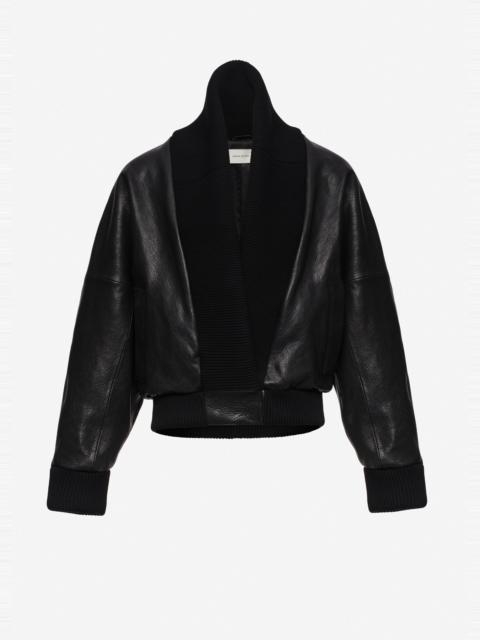 MAGDA BUTRYM Leather bomber jacket with knit shawl collar in black