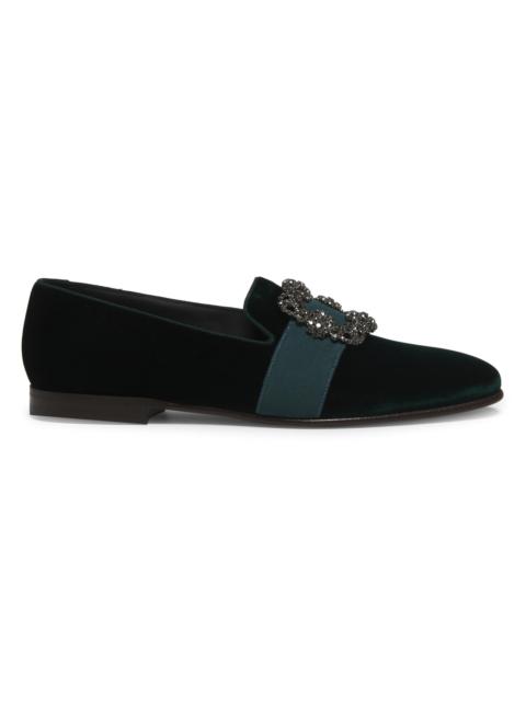 Manolo Blahnik Men's Carlton Crystal-Buckle Loafers - Dark Green Velvet